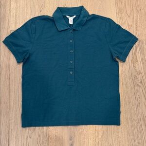 NWT Athleta Pique Short Sleeve Polo Women’s Medium Teal Green Color Relaxed Fit